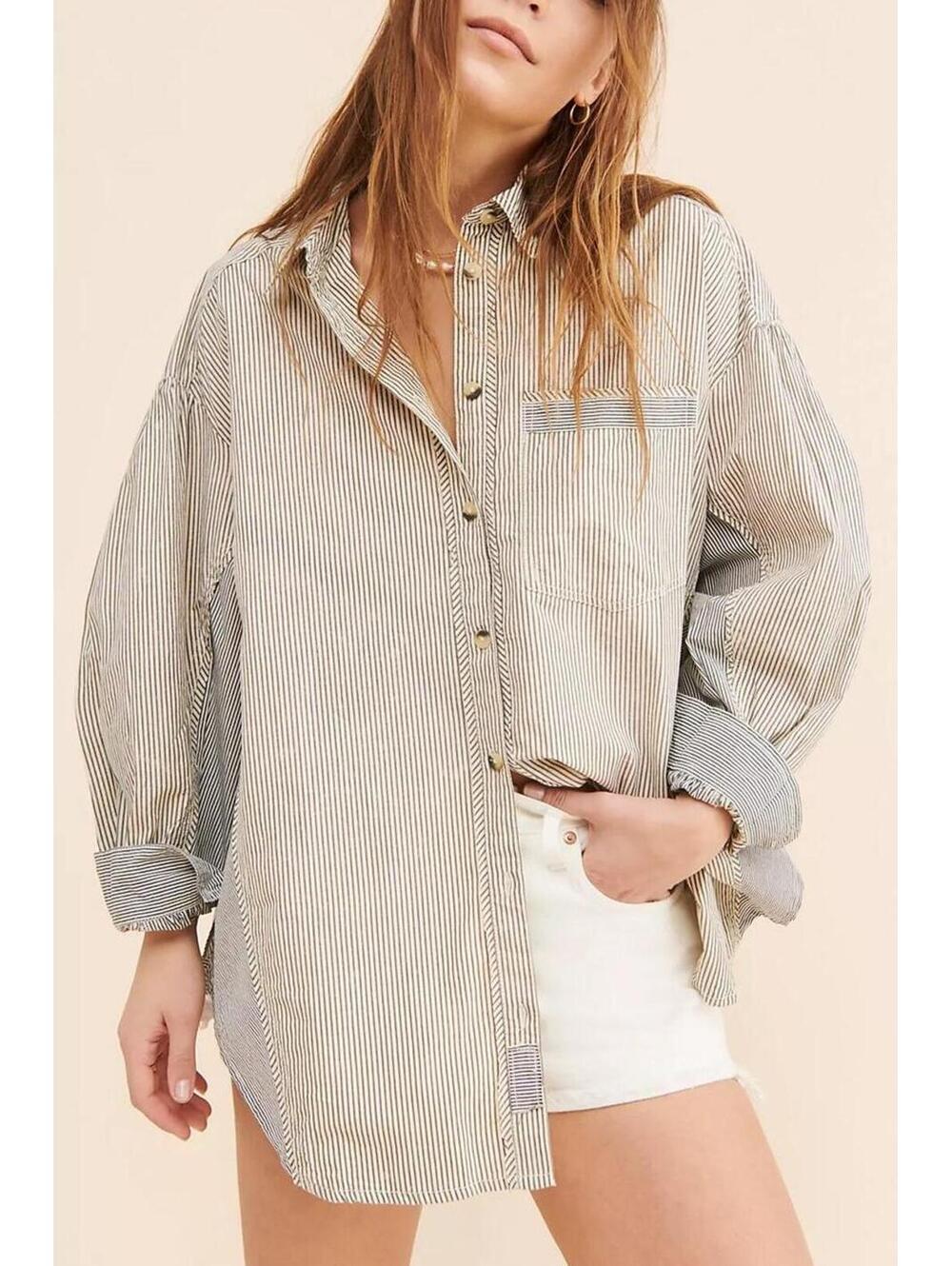 Free People Striped Button-Down Shirt in Ivory and Black